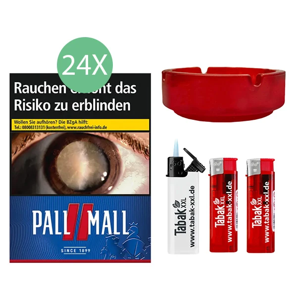 24x Pall Mall Zigaretten Red Giga + 2x Elektro-Feuerzeuge + 1x Sturmfeuerzeug + 1x Aschenbecher