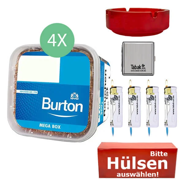 Burton Tabak Blue 4 x Mega Box mit wählbaren Hülsen und Metalletui Burton Tabak Blue 4 x Mega Box mit wählbaren Hülsen und Metalletui