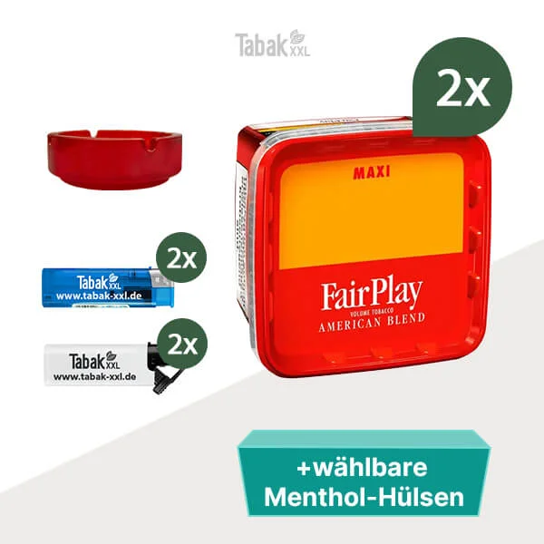 2x FairPlay Volumentabak Maxi Box mit wählbarem Zubehör und Glasaschenbecher