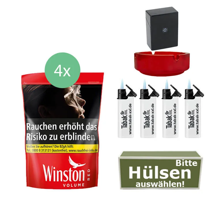 Winston Tabak Red 4 x Beutel mit wählbaren Hülsen und Etui Winston Tabak Red 4 x Beutel mit wählbaren Hülsen und Etui