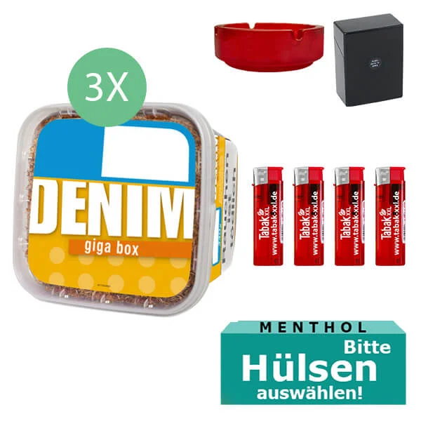 3x Denim Tabak Giga Box mit wählbaren Menthol Hülsen