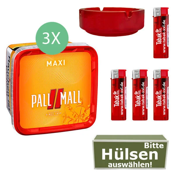 Pall Mall Tabak 3 x Maxi Box mit wählbaren Hülsen und Glasaschenbecher