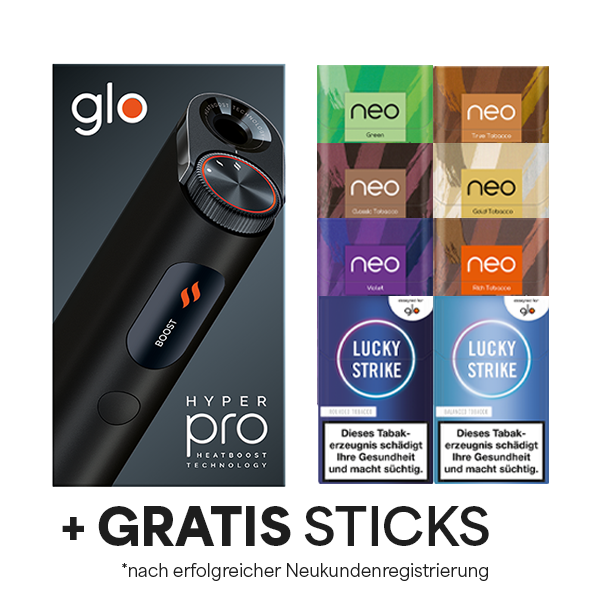 Die Glo Hyper Pro Obsidian Black mit Gratis Sticks nach erfolgreicher Neukundenregistrierung