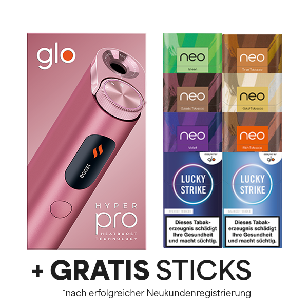 Die Glo Hyper Pro Quartz Rose mit Gratis Sticks nach erfolgreicher Neukundenregistrierung