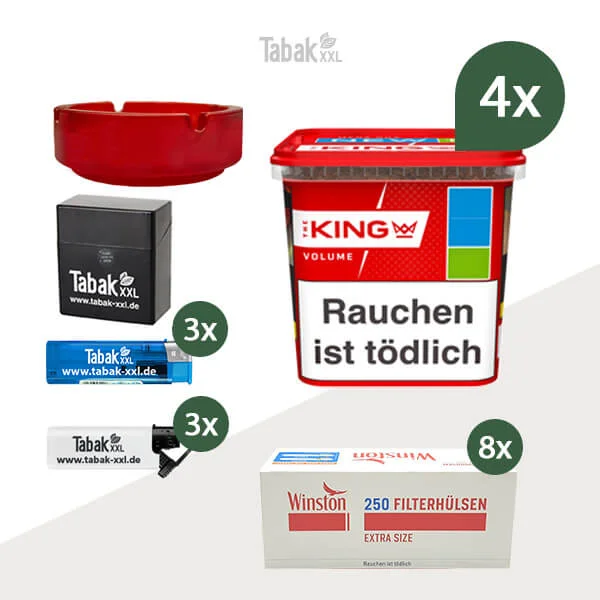 4x King Volumentabak Red Mega-Box mit 2000 Extra Filterhülsen und Aschenbecher