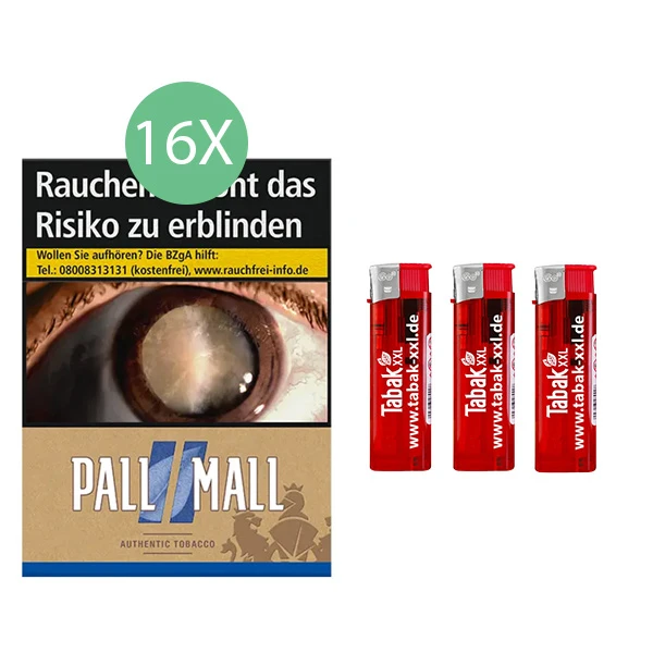 16x Pall Mall Zigaretten Authentic Blue Giga + 3x Elektro-Feuerzeuge