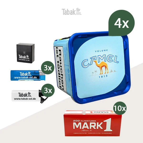 4x-camel-volumentabak-blue-eimer-mit-2000-huelsen-und-etui-xxl