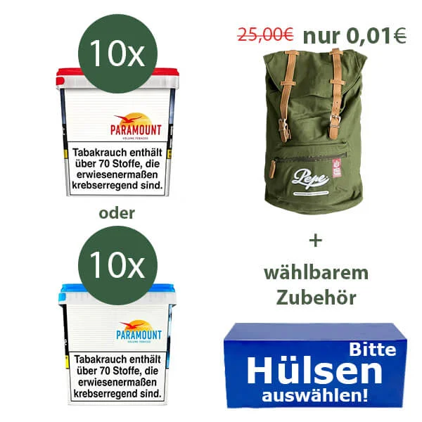 10 Paramount Volumentabak Giga Box und wählbaren Tabak + Rucksack (0,01€)