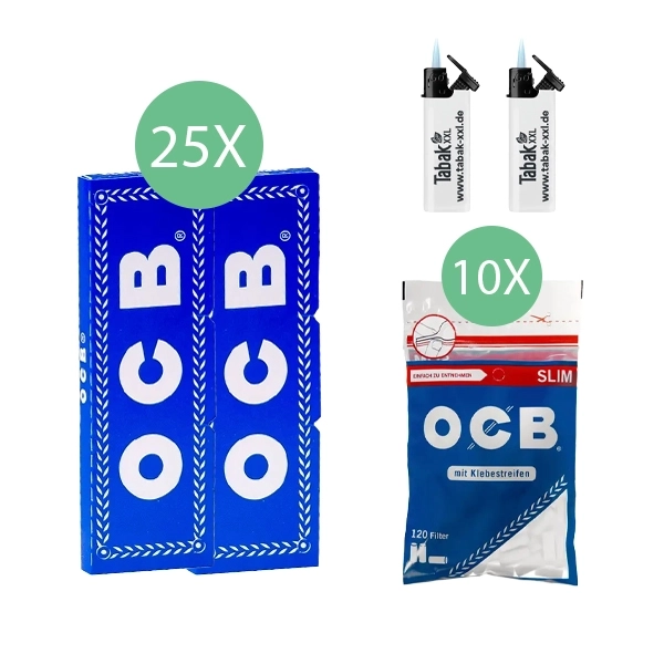 25x-ocb-blaettchen-blau-50-blatt-+-10x-ocb-slim-filter-+-2x-sturmfeuerzeuge