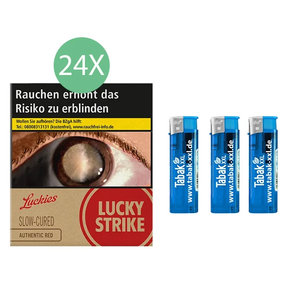 24x Lucky Strike Zigaretten Authentic Red Giga 3x Elektro-Feuerzeuge 24x Lucky Strike Zigaretten Authentic Red Giga 3x Elektro-Feuerzeuge