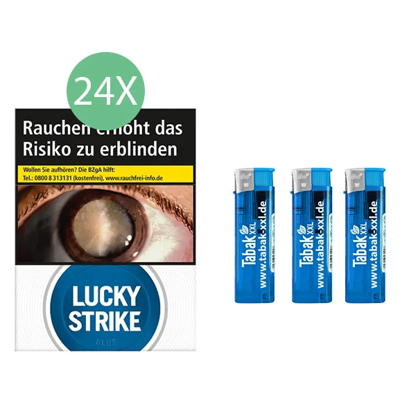 24x Lucky Strike Zigaretten Blue Giga 3x Elektro-Feuerzeuge 24x Lucky Strike Zigaretten Blue Giga 3x Elektro-Feuerzeuge