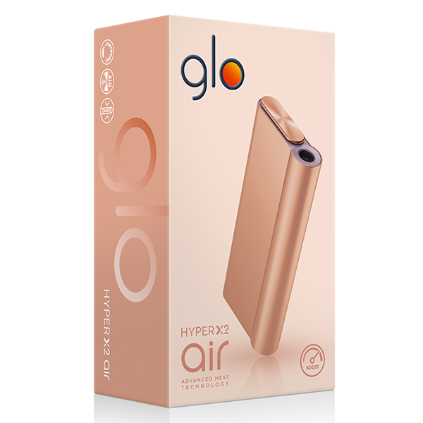 Die Glo Hyper Air in der Farbe Rosey Gold in der Verpackung vertikal plus gratis Sticks