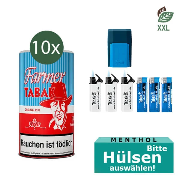 10x Farmer Pfeifentabak Red Dose mit wählbaren Hülsen und Etui