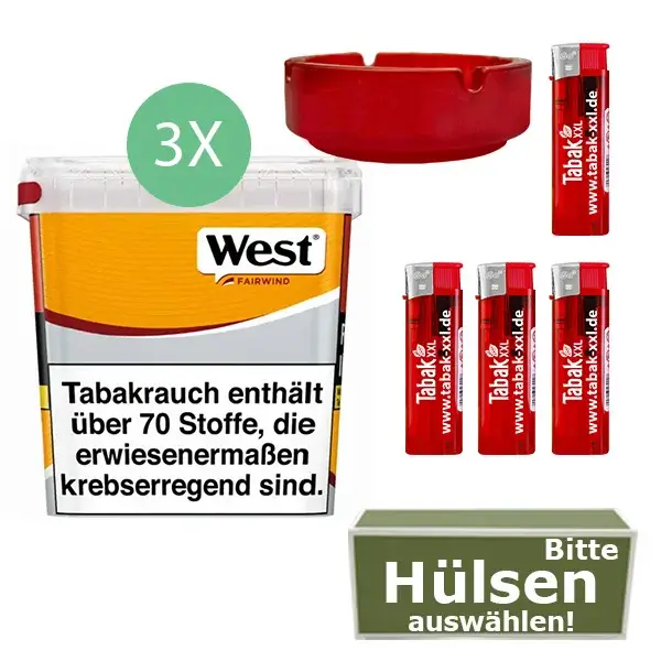 West Tabak Yellow 3 x Giga Box mit wählbaren Hülsen und Aschenbecher West Tabak Yellow 3 x Giga Box mit wählbaren Hülsen und Aschenbecher