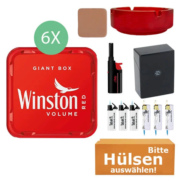 Winston Tabak Red 6 x Giant Box mit wählbaren Hülsen und Stabfeuerzeug