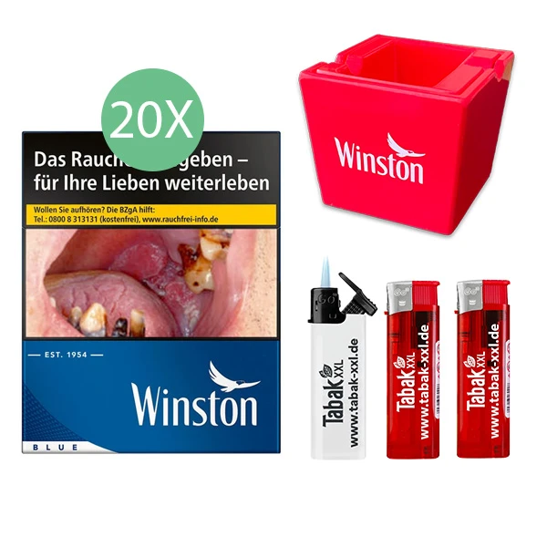 20x Winston Zigaretten Blue 5XL 2x elektro Feuerzeuge 1x Sturmfeuerzeug 1x Keramikaschenbecher 20x Winston Zigaretten Blue 5XL 2x elektro Feuerzeuge 1x Sturmfeuerzeug 1x Keramikaschenbecher