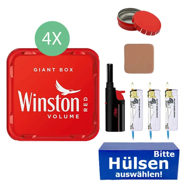 Winston Tabak Red 4 x Giant Box mit wählbaren Hülsen und Stabfeuerzeug