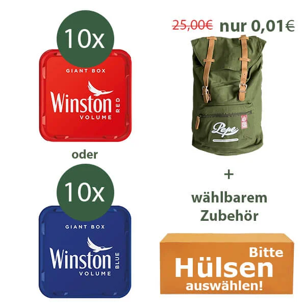 10 Winston Volumentabak Giant Box und wählbaren Tabak + Rucksack (0,01€)