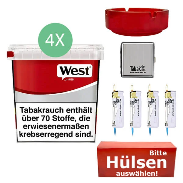 West Tabak Red 4 x Giga Box mit wählbaren Hülsen und Etui West Tabak Red 4 x Giga Box mit wählbaren Hülsen und Etui