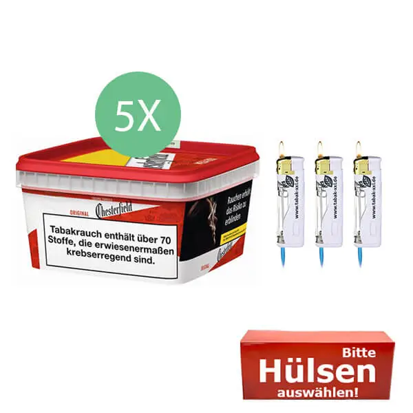 Chesterfield Tabak Red 5 x Mega Box mit wählbaren Hülsen und Led Feuerzeugen Chesterfield Tabak Red 5 x Mega Box mit wählbaren Hülsen und Led Feuerzeugen