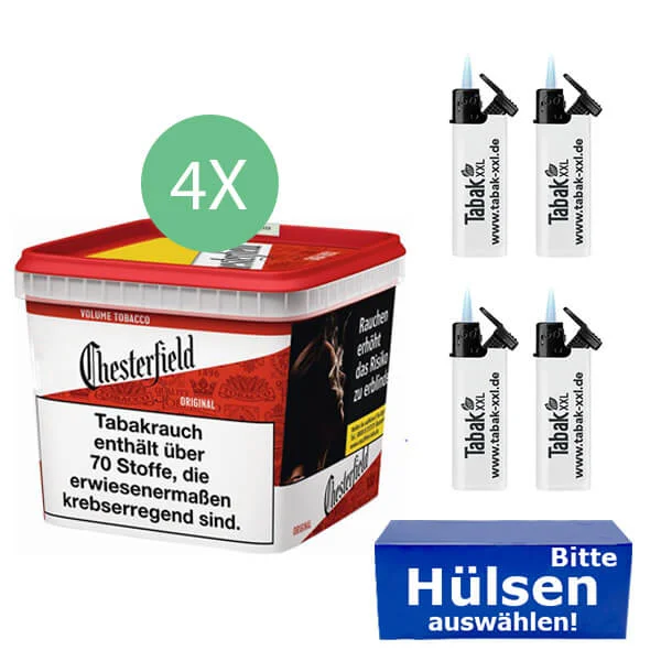 Chesterfield Tabak Red 4 x Giga Box mit wählbaren Hülsen und Sturmfeuerzeugen Chesterfield Tabak Red 4 x Giga Box mit wählbaren Hülsen und Sturmfeuerzeugen