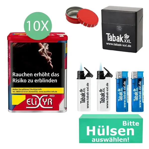 Elixyr Tabak Red 10 x Dose mit wählbaren Hülsen und Etui Elixyr Tabak Red 10 x Dose mit wählbaren Hülsen und Etui