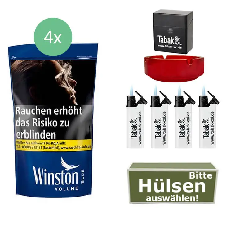 Winston Tabak Blue 4 x Beutel mit Wählbaren Hülsen und Aschenbecher Winston Tabak Blue 4 x Beutel mit Wählbaren Hülsen und Aschenbecher