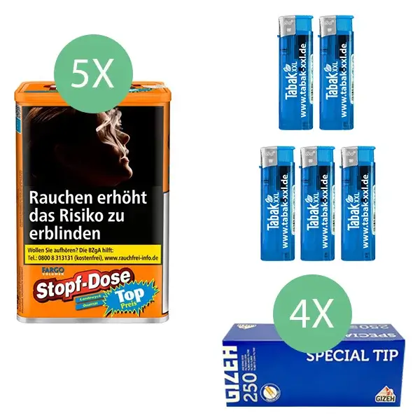 Fargo Volumentabak 5 x Stopf-Dose Orange mit 1000 Gizeh Hülsen 