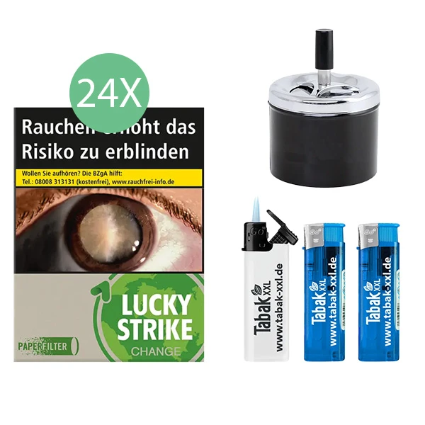 24x Lucky Strike Zigaretten Change Green Giga 2x Elektro-Feuerzeuge 1x Sturmfeuerzeug 1x Aschenbecher