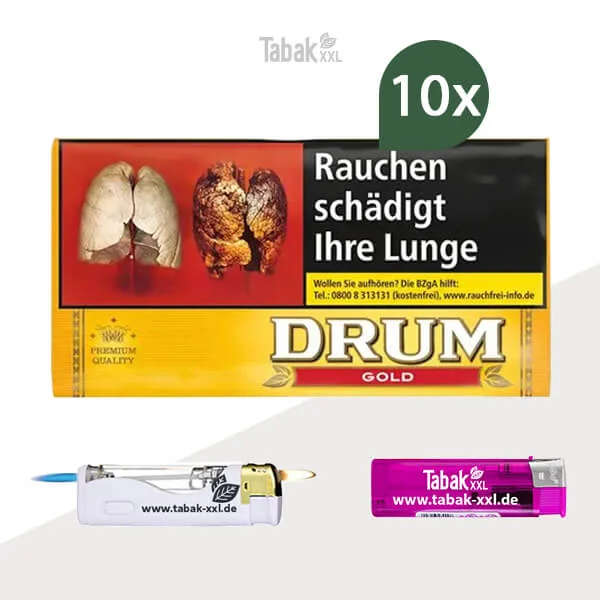 10x Drum Drehtabak Gold Pouch mit Feuerzeugen 10x Drum Drehtabak Gold Pouch mit Feuerzeugen