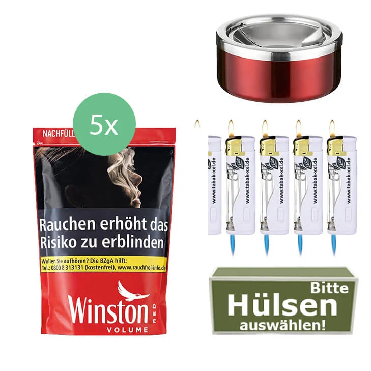 Winston Tabak Red XXXL 5 x Beutel mit Wählbaren Hülsen und Kippaschenbecher