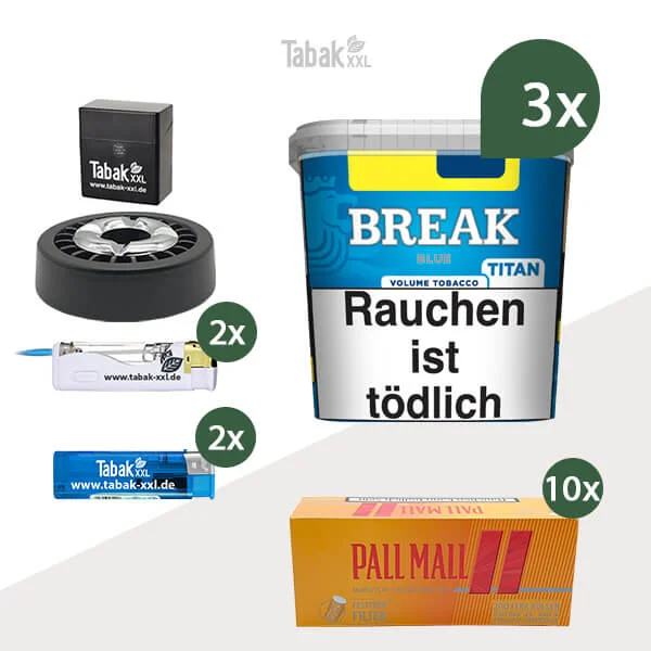 3x Break Volumentabak Blue Titan Box mit 2000 Allround Xtra Hülsen 3x Break Volumentabak Blue Titan Box mit 2000 Allround Xtra Hülsen
