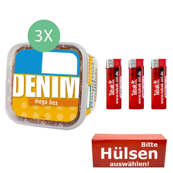 Denim Tabak 3 x Mega Box mit wählbaren Filterhülsen Denim Tabak 3 x Mega Box mit wählbaren Filterhülsen