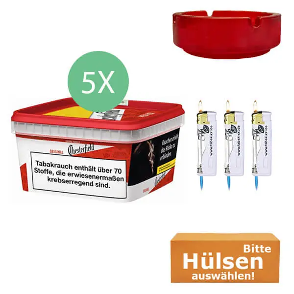 Chesterfield Tabak Red 5 x Mega Box mit wählbaren Hülsen und Glasaschenbecher Chesterfield Tabak Red 5 x Mega Box mit wählbaren Hülsen und Glasaschenbecher