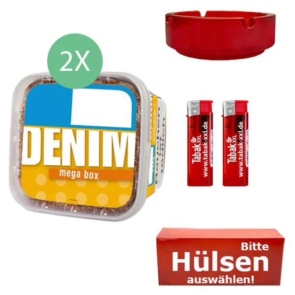 Denim Tabak 2 x Mega Box mit wählbaren Hülsen und Glasaschenbecher Denim Tabak 2 x Mega Box mit wählbaren Hülsen und Glasaschenbecher