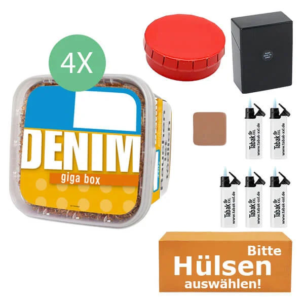 Denim Tabak 4 x Giga Box mit wählbaren Hülsen und Aschenbecher Denim Tabak 4 x Giga Box mit wählbaren Hülsen und Aschenbecher