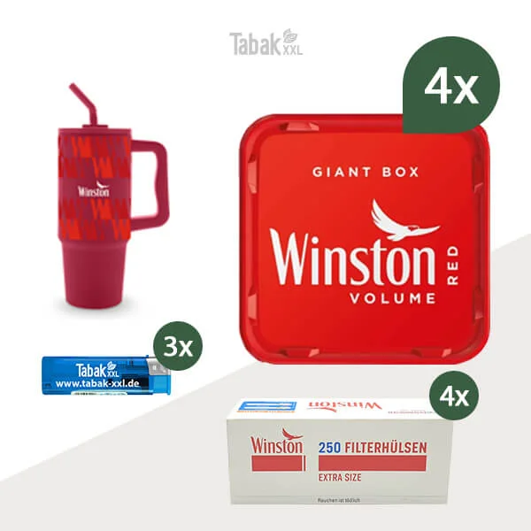 4x Winston Volumentabak Red Giant Box mit 1000 Extra Size Filterhülsen und Trinkbecher