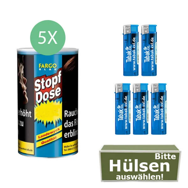 Fargo Tabak 5 x Stopf-Dose Blau mit Wählbaren Hülsen und Feuerzeugen Fargo Tabak 5 x Stopf-Dose Blau mit Wählbaren Hülsen und Feuerzeugen