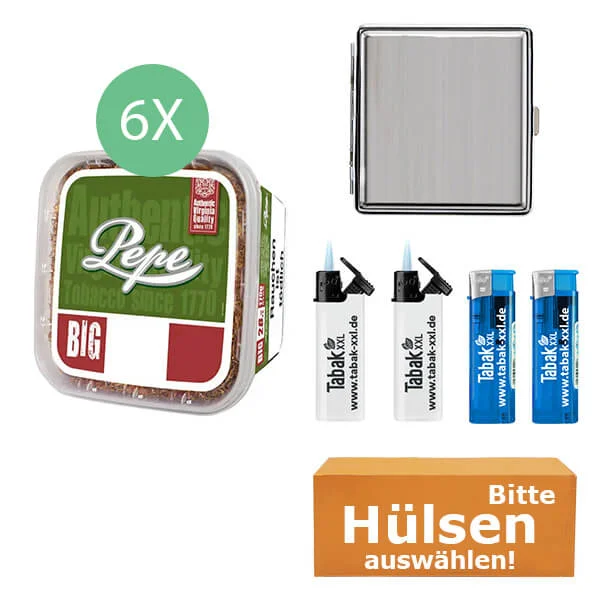 Pepe Tabak Rich Green 6 x Eimer mit wählbaren Hülsen und Metall Etui Pepe Tabak Rich Green 6 x Eimer mit wählbaren Hülsen und Metall Etui