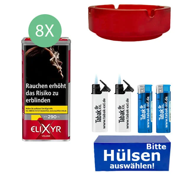 Elixyr Volumentabak Red 8 x Dose mit wählbaren Hülsen und Aschenbecher Elixyr Volumentabak Red 8 x Dose mit wählbaren Hülsen und Aschenbecher