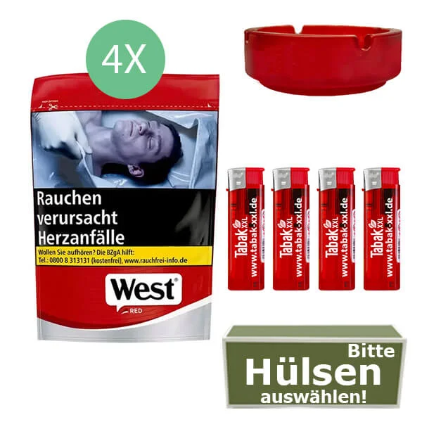 West Tabak Red L 4 x Beutel mit Hülsen und Glasaschenbecher