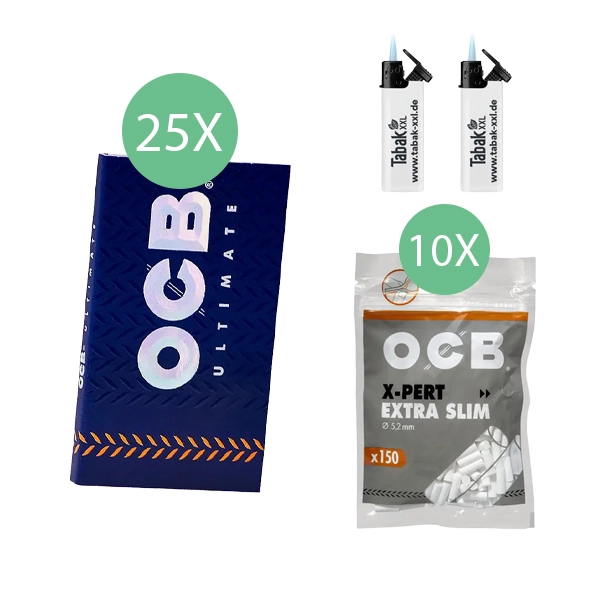 25x-ocb-blaettchen-ultimate-double-100-blatt-+-10x-ocb-x-pert-extra-slim-filter-+-2x-sturmfeuerzeuge 25x-ocb-blaettchen-ultimate-double-100-blatt-+-10x-ocb-x-pert-extra-slim-filter-+-2x-sturmfeuerzeuge