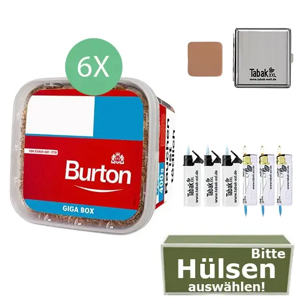 Burton Tabak Red 6 x Giga Box 400g mit wählbaren Hülsen und Etui Burton Tabak Red 6 x Giga Box 400g mit wählbaren Hülsen und Etui