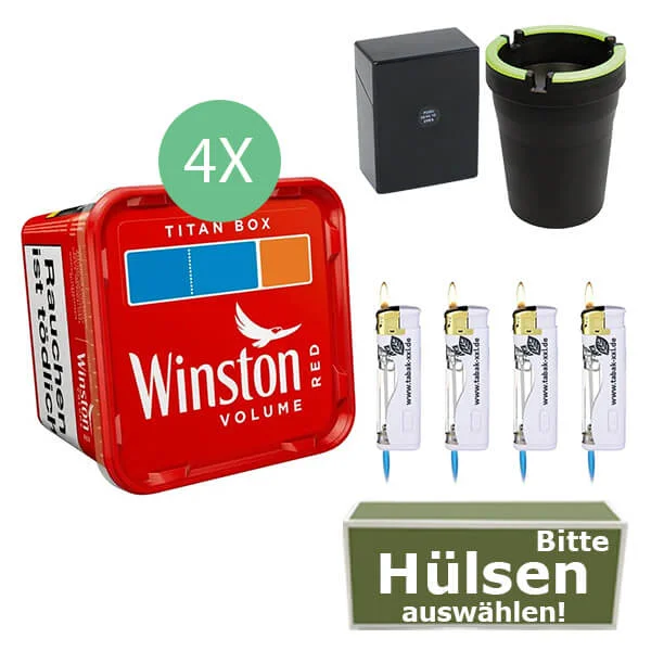 Winston Tabak Red 4 x Titan Box mit wählbaren Hülsen und Auto Aschenbecher