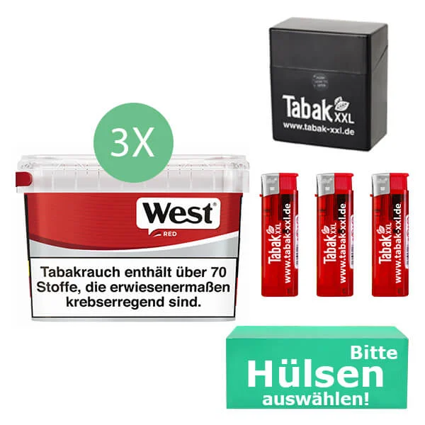 West Tabak Red 3 x Mega Box mit wählbaren Hülsen und Etui West Tabak Red 3 x Mega Box mit wählbaren Hülsen und Etui