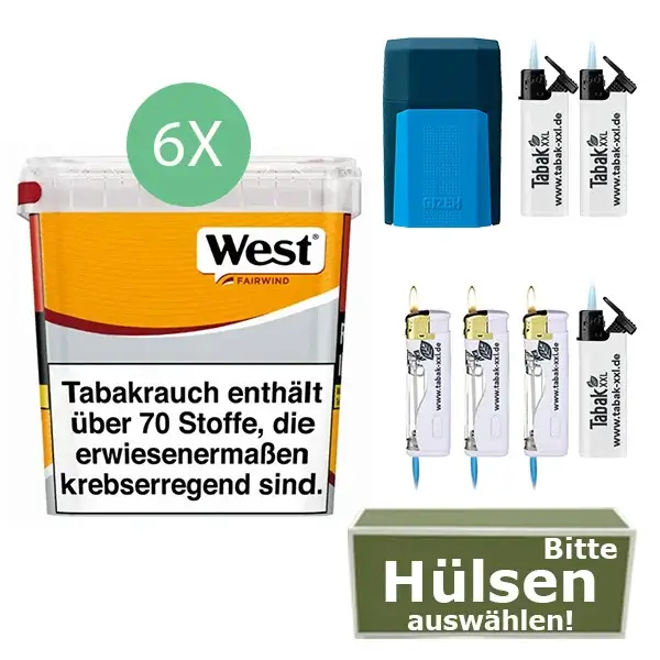 West Tabak Yellow 6 x Giga Box mit wählbaren Filterhülsen West Tabak Yellow 6 x Giga Box mit wählbaren Filterhülsen