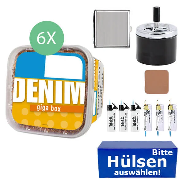 Denim Tabak 6 x Giga Box mit wählbaren Hülsen und Metall Etui Denim Tabak 6 x Giga Box mit wählbaren Hülsen und Metall Etui
