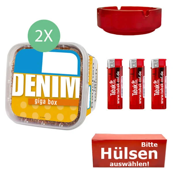 Denim Tabak 2 x Giga Box mit wählbaren Hülsen und Aschenbecher Denim Tabak 2 x Giga Box mit wählbaren Hülsen und Aschenbecher