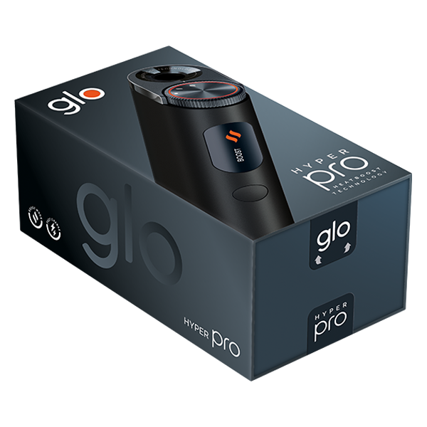 Die Glo Hyper Pro in der Farbe Obsidian Black in Verpackung horizontal ausgerichtet im Aktionspack mit Sticks