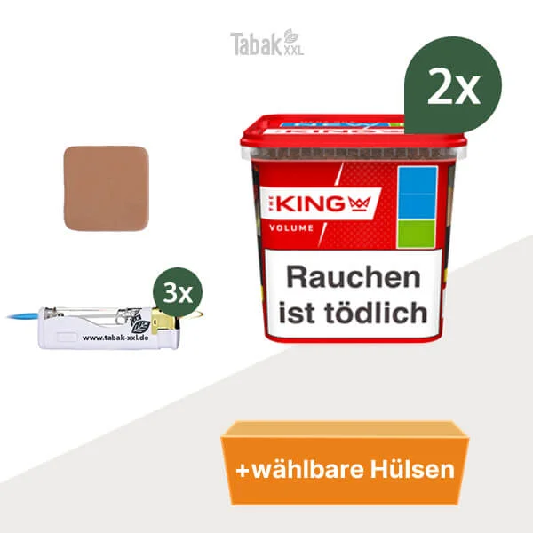 2x King Volumentabak Red Mega-Box mit wählbaren Hülsen und Feuerzeug